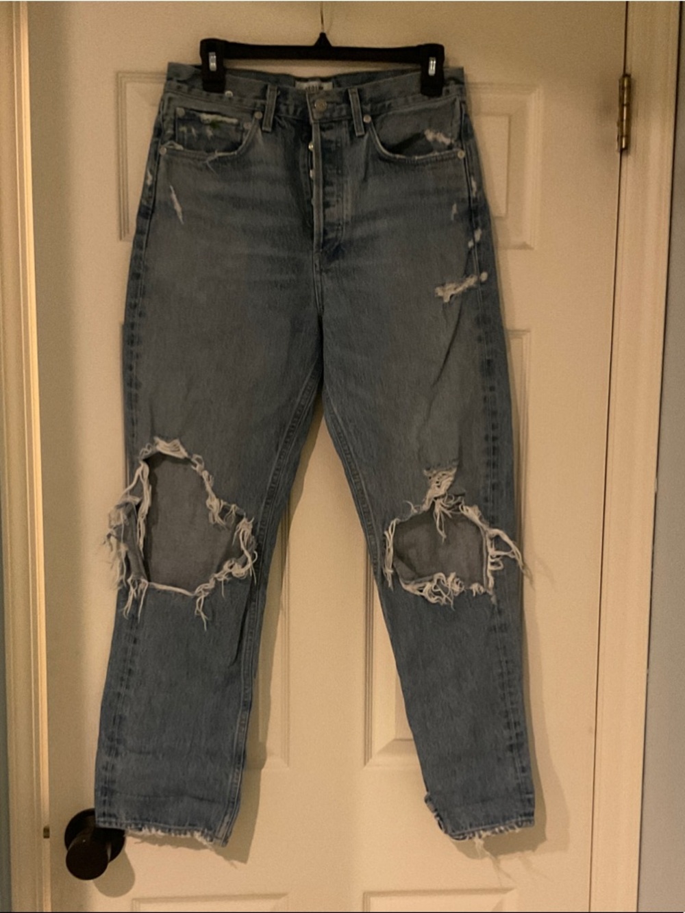 Agolde Light Wash Button-Fly Jeans thrashed hole knees sz tag 27 waist 14-15
